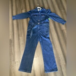 Gap 20 Dark Denim Belted Jumper New With Tag Puff Shoulder Button Up